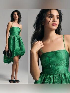 ANTHROPOLOGIE Green Jacquard Bubble Hem Mini Dress Size 12